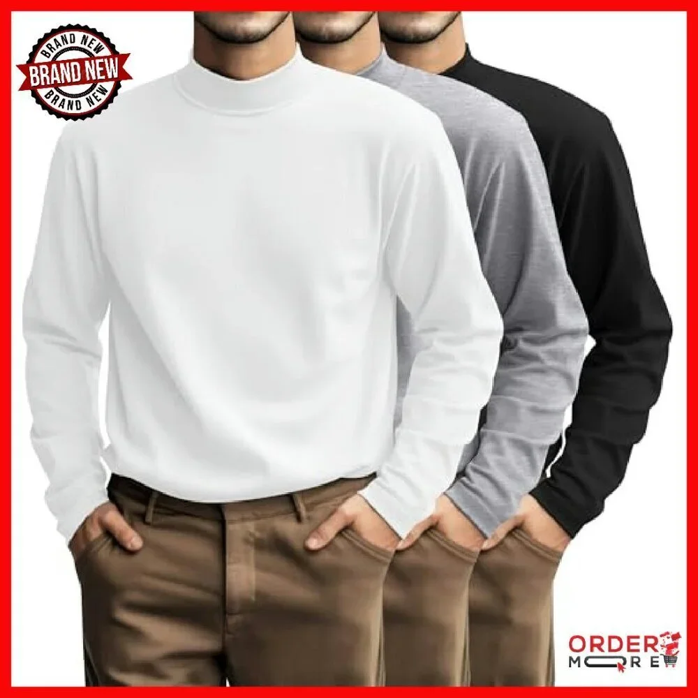 Men's Big Tall Mock Turtleneck Long Sleeve Cotton Tees 3-Pack Loose Fit